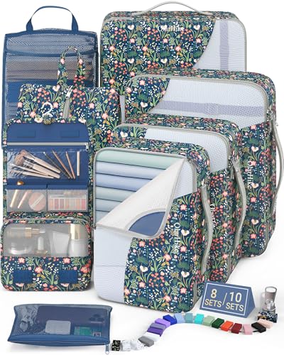 8 Set Packing Cubes for Travel, Gifts for Women Mom,Anti-Tearing Suitcase Organizer,OlarHike Vacation Essentials & Accessories for Cruise Ship - color: 10 Dark Blue Floral