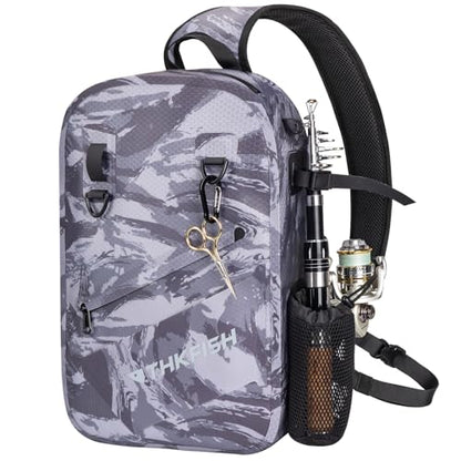 THKFISH IPX8 Waterproof Fishing Backpack with Rod Holder, Lightweight Fishing Sling Bag, Move Freely Fish Gifts for Men - color: Camo-sling Bag