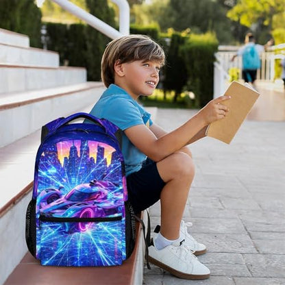 Boys Backpack Kids Schoolbag, Racing Car Bookbag for Kindergarten Primary Elementary Middle Durable Backpacks - color: Light Purple