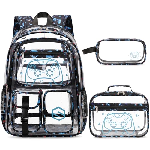 DIGOBAY 3PCS Cool Luminous Clear Backpack for Boys Kids, Gamer Clear Bookbag for School, See Through PVC Transparent Backpacks with Lunch Bag Pencil Case, Backpack Heavy Duty for School Stadium - color: Blue