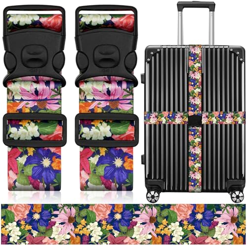 2 Pack Luggage Straps for Suitcases, Adjustable Travel Belt with Double Lock and Quick Release Buckle, Heavy Duty Nylon Bag Packing Strap, Bright Identifiers Business Travel Accessories-Flower Garden - color: 24020 Flower Garden