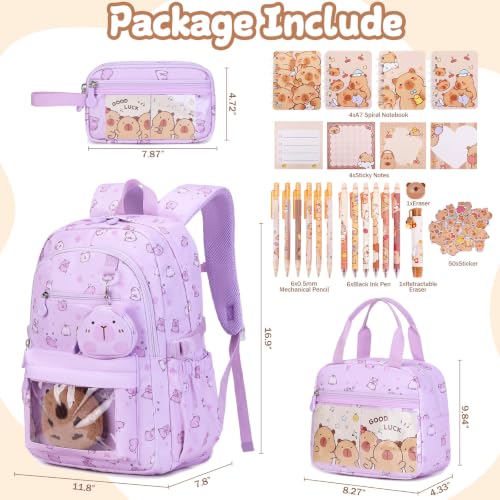 Capybara Theme Backpack for School Girls, 35PCS Kids Backpack Set with School Supplies Stationery Kit Lunch Box Pencil Case, Cute Girls Bookbag for Kindergarten Elementary Student - color: Purple
