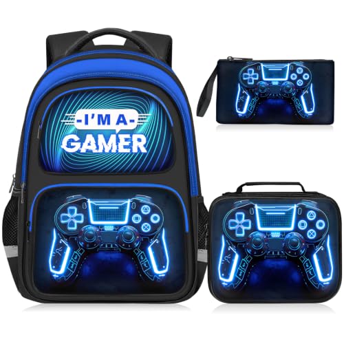School Backpack for Boys - 3pcs Gamer Boys Backpack with Lunch Box Set for Kids Teens Elementary Middle School - 17″ Video Game Bookbag Travel Back Pack for Age 6-18 - color: Gamer Blue-backpack Set