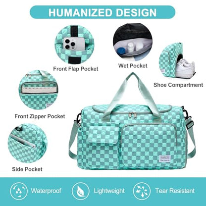 Small Gym Bag for Women, Travel Duffle Bag Carry On Weekender Bag with Shoe Compartment - color: 39#Blue Checkered, style: Gym Bag&toiletry Bag