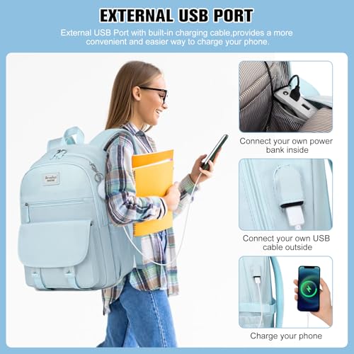 Bevalsa Backpack for Girls, 3PCS School Backpacks with Lunch Box - color: Blue, size: 15.6 inch
