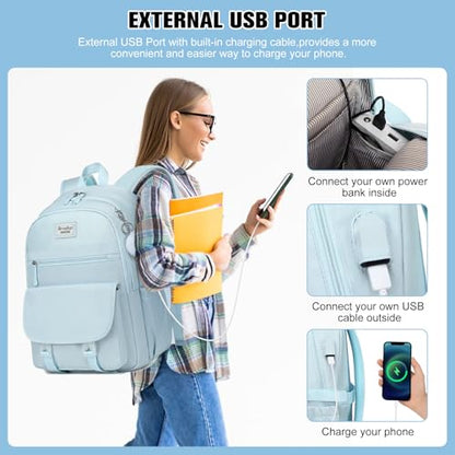 Bevalsa Backpack for Girls, 3PCS School Backpacks with Lunch Box - color: Blue, size: 15.6 inch