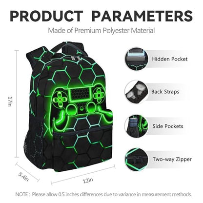 Kids Backpack for Boys - 17 Inch Gamer Backpack Gifts with Adjustable Straps, Toddler School Book Bag for Preschool Elementary - color: Green