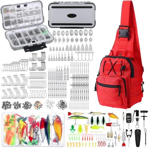 Sosation 482 Pcs Fishing Sling Tackle Bag Set Fish Tackle Box Backpack Storage Fishing Gear and Equipment Included Fish Hook Remover Tool Lures Lip Gripper, Gift for Men - color: Red