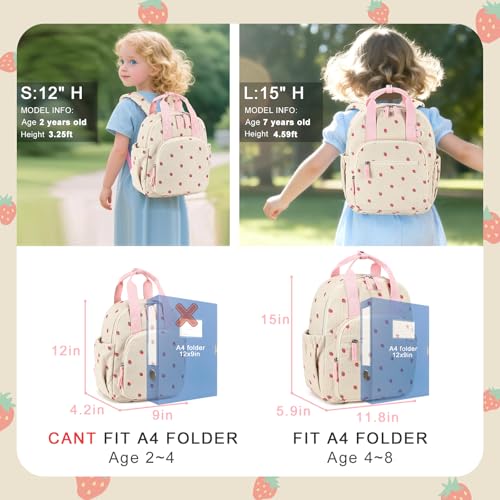 Bluboon Toddler Backpack for Girls Boys 2-4 Cute 12" Preschool Kindergarten Backpacks Kids Daycare Bags School Travel (Strawberry-Beige L, Age 4-8 (15" H Fit A4 Folder)) - color: Strawberry-beige L, size: Age 4-8 (15" H Fit A4 Folder)