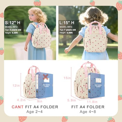 Bluboon Toddler Backpack for Girls Boys 2-4 Cute 12" Preschool Kindergarten Backpacks Kids Daycare Bags School Travel (Strawberry-Beige L, Age 4-8 (15" H Fit A4 Folder)) - color: Strawberry-beige L, size: Age 4-8 (15" H Fit A4 Folder)
