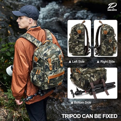 Padwa Lifestyle Camouflage Canvas Camera Backpack - Professional DSLR & UAV Camera Bag,Anti Theft Camera Backpack with Rain Cover,Large Capacity Photography Travel Camera Bag with Multi Compartments - color: Camouflage Canvas, style: Canvas Bag Flap