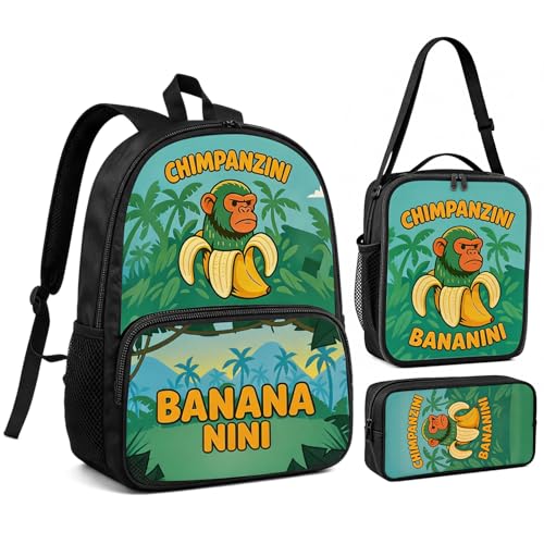Zhazieon Adjustable Rucksack Lunch Bag Pencil Case Tung Tung Tung Sahur Backpacks 3pcs Set(Black-B3) - color: Black-b3