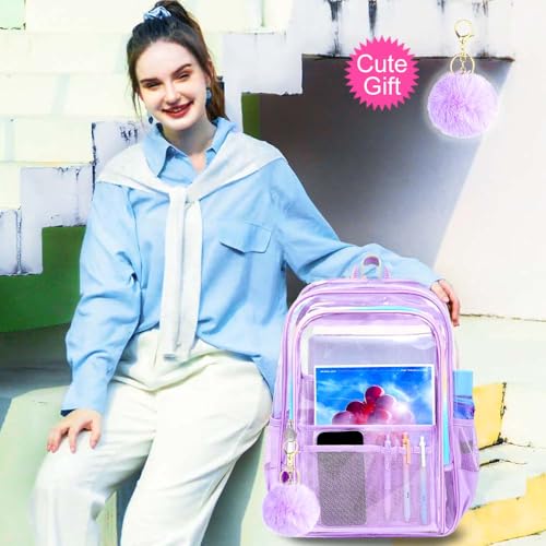 gxtvo Clear Backpack, Heavy Duty Transparent Bookbag, See Through Backpacks for Women Men | Heavy Duty - color: Chic Purple Clear Backpack