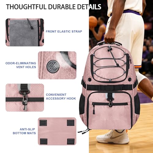 Basketball Backpack with Separate Ball & Ventilated Shoe Compartment, Sports Bag with Hook for Men Women Teens Training Travel - color: Flesh Pink