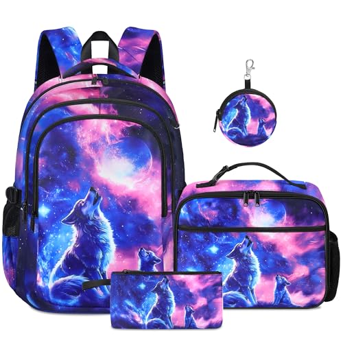 Wolf Backpack for Girls, Girls Backpacks with Lunch Box and Pencil Case for School, Kids Wolf Bookbag - color: Wolf