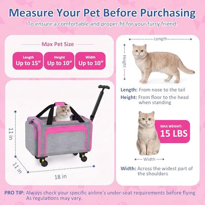 Rolling Pet Carrier with Detachable Wheels - 18x11x11 TSA Airline Approved for Southwest Delta United American, Soft Sided Expandable Travel Bag for Small Dogs & Cats up to 15Lbs, Fits Under Seat - color: Pink