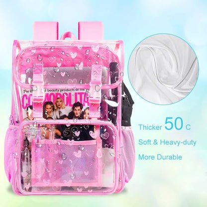 3PCS Pink Clear Backpack, Heavy Duty Transparent Bookbag for Girls Women, Stadium Approved See Through Backpack Set (Pink Love) - color: Pink Love
