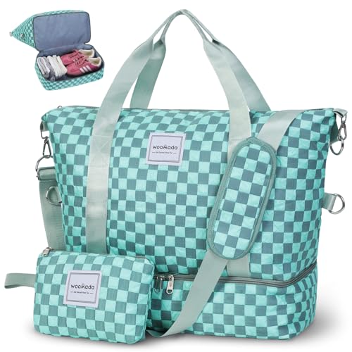 WOOMADA Weekender Bag for Women, Travel Duffel Bags with Shoe Compartment & Wet Pocket, Personal Item Bag for Airlines - color: Turquoise Checkerboard