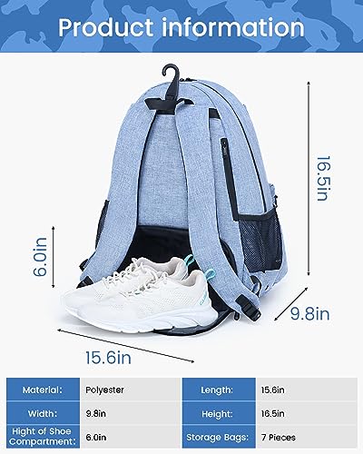 Sucipi Tennis Bag Professional Tennis Backpack for Men and Women Racket Bags Holds 2 Rackets with Ventilated Shoe Compartment - color: Blue with Shoes Compartment