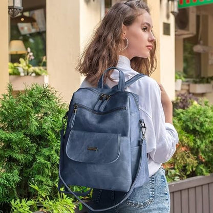 WYFJNX PU Leather Backpack Purse for Women Fashion Multipurpose Design Handbag Ladies Shoulder Bags Travel Backpack Blue - color: Blue