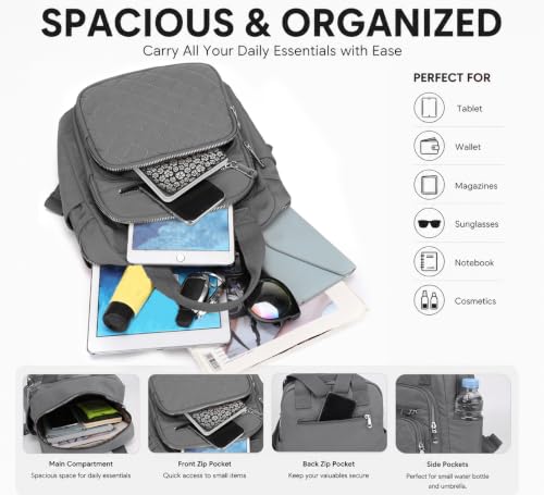 Small Backpack for Women Casual Quilted Square Bag Waterproof Multi Pockets Daypack Lightweight Top Handle Satchel - color: Grey