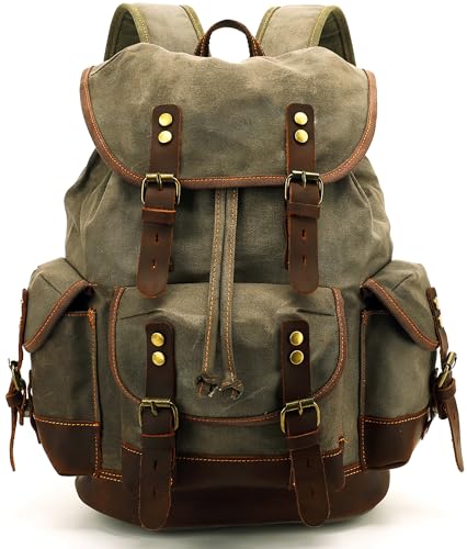 HuaChen Vintage Canvas Leather Backpack: Spacious Durable Rucksack for Men & Women, Perfect for Travel and College Life - M86 Army Green Coffee - color: Army Green With Coffee