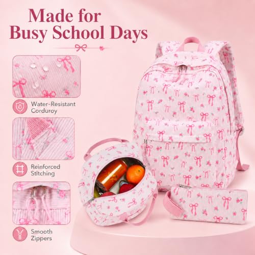 BTOOP School Backpacks for Teen Girls Bookbags Lightweight Kids Backpack School Bags Set with Lunch Box Pencil Case - color: Pink Bow-280