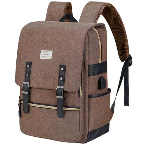 Ronyes Vintage Laptop Backpack for Women Men,15.6 inch Bookbag Casual Daypack with USB Charging Port for College Work, Brown Backpacks - color: Graybrownwithusb