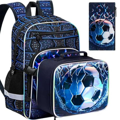 HPJGD 3PCS Backpack for Kids, 17" Boys Soccer Preschool Bookbag Set with Clip-On Lunch Box, Water-Resistant School Bag for Elementary - Thrash Net Soccer - color: Uv Printing Net Soccer Clip-on Backpack