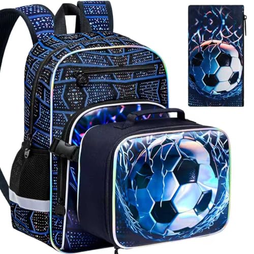 HPJGD 3PCS Backpack for Kids, 17" Boys Soccer Preschool Bookbag Set with Clip-On Lunch Box, Water-Resistant School Bag for Elementary - Thrash Net Soccer - color: Uv Printing Net Soccer Clip-on Backpack
