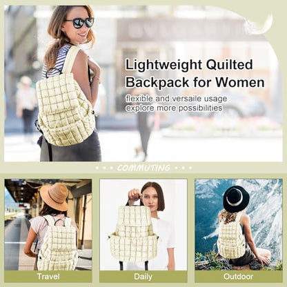 XSUIOY Quilted Backpack Purse for Women Small Lightweight Puffer Puffy College Laptop Backpack Nylon Casual Bookbag Daypack Top Flap Drawstring Padding Hiker Travel Gym Backpack(Beige) - color: Beige
