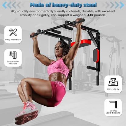 Wall Mount Pull Up Bar, Multifunctional Chin Up Bar Dip Station for Home Gym Workout, Power Tower Set Strength Training Equipment, Heavy Duty Fitness Pull Up Stand, Supports 440LBS
