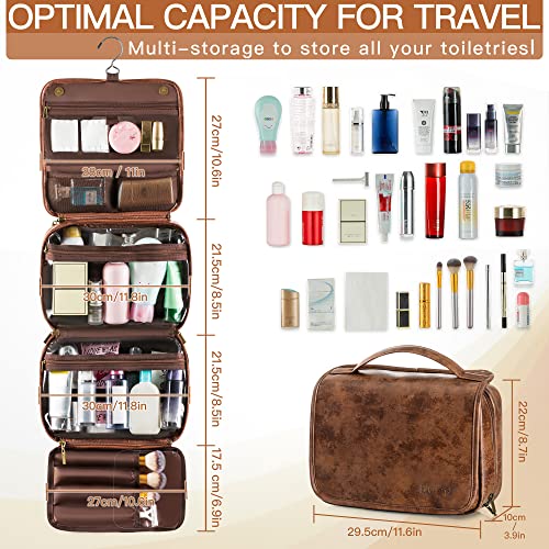 Elviros Hanging Toiletry Bag Removable Travel Bag PU leather Makeup Cosmetic Organizer Kit, Dark Brown - color: Dark Brown