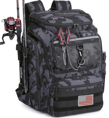 HAMBOLY Fishing Backpack 45L with Rod Holders, Water-Resistant Tackle Backpack for Fishermen, Large Capacity Fishing Gear Bag for Travel Hiking Camping - color: Black and Blue CM