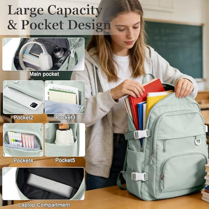 Lightweight College Backpack for Women Men Cute School Bag for Teens Girls Boys High School Backpack for Students Waterproof Casual Daypack Backpack（Green） - color: A3-green