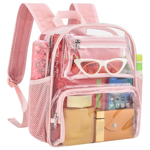 MAY TREE Small Clear Backpack Stadium Approved for Women and Men Clear Bag for Stadium Events Concert Sporting Festival, Princess Pink - color: Pink-1, style: 2 Front Pocket-1