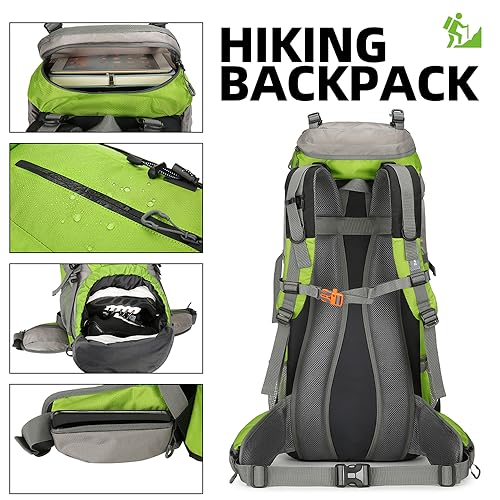 70L Camping Hiking Backpack with Rain Cover Waterproof Backpacking Backpack for Hiking Treeking Climbing Outdoor - color: Green