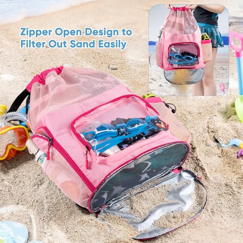 Mesh Drawstring Backpack with Shoe Compartment, Sandproof Beach Swim Bag with Wet Pocket, Pool Gym Shower Bag for Travel Summer Camp - color: Pink, style: Style a