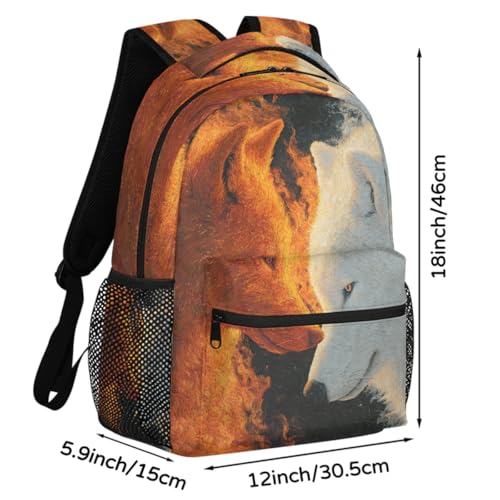 Wolf Kids Backpack for Girl Boy Waterproof Kids Back Pack | Animal Fire School Bookbag fit Women Men Lightweight Rucksack Casual Daypack Carry On Bag for Work Hiking Camping Gym Travel - color: Animal Fire Art Wolf