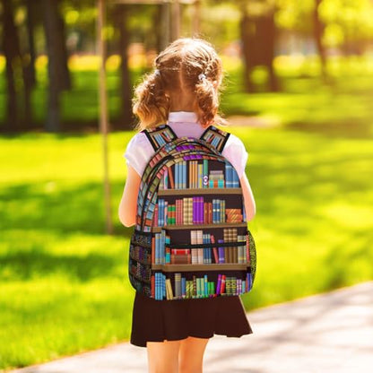 Bookshelf Book Backpack with Chest Strap, Casual Backpack for Women Men, 16 Inch Daypack for Travel Work, Library Book - color: Red