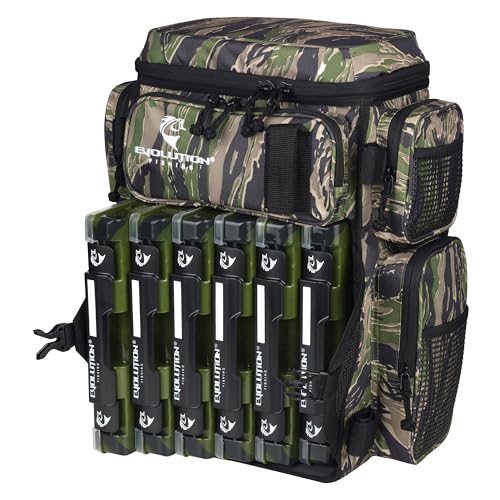 Evolution Fishing Drift Series Tackle Backpack, Outdoor Rucksack w/ 6 Fishing Tackle Trays, Heavy Duty - color: Tiger Stripe, size: 3600