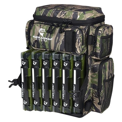 Evolution Fishing Drift Series Tackle Backpack, Outdoor Rucksack w/ 6 Fishing Tackle Trays, Heavy Duty - color: Tiger Stripe, size: 3600