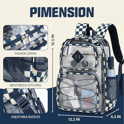 Clear Backpacks for Girls Women, Heavy Duty PVC Transparent Back Pack See Through Boys Kids Clear Bookbags for School Checkered Navy Blue - color: Checkered Navy Blue