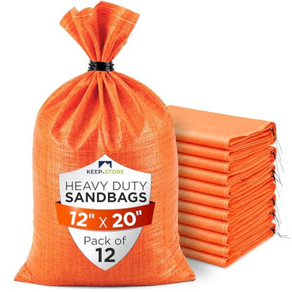 Heavy Duty Sand Bags Pack of 12, Bright Orange Empty Sandbags with Built-In Ties, Woven Polypropylene UV Protection 1600 Hours, Fillable Bags for Flood Control, Weight, 12x20 inches, 25 Pounds Volume - size: 12"W x 20"L, style: Pack of 12