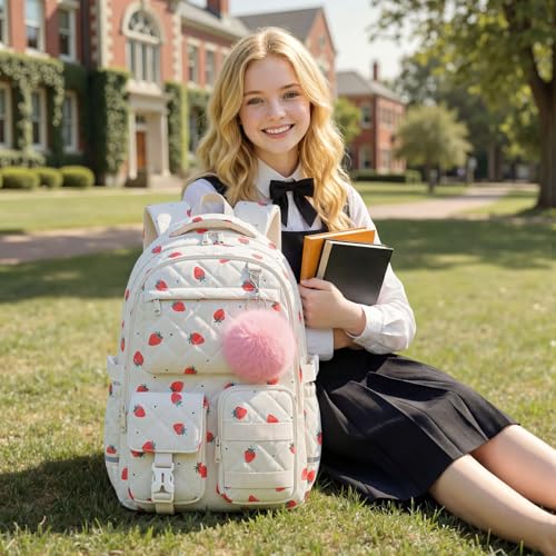Quilted Backpack for Teen Girls, Cute Strawberry School Backpack with Multi-Pocket Design, Lightweight Cotton Bookbag Fits 15.6" Laptop, Large Capacity Aesthetic Backpack with Plush Charm - color: Strawberry