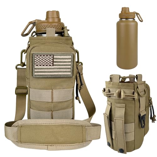 32 oz Insulated Water Bottle with Sleeve - Tactical Stainless Steel Metal Water Jug, Wide Mouth Gym Water Bottles for Men Sports Workout Hiking with Pouch Khaki - color: Brown, size: 32 Ounces