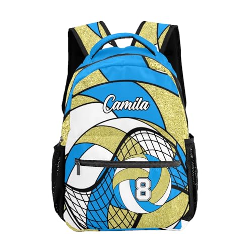 Volleyball Light Blue Gold Waterproof Backpack Casual School Bags Bookbag Custom Daypack for Birthday Holiday Gift - color: Volleyball Light Blue Gold