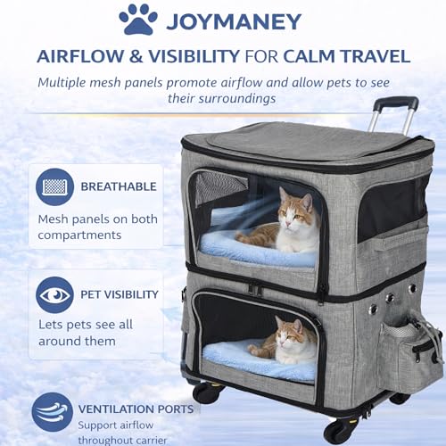 Double Pet Carrier Backpack with Wheels for Small Dogs & Cats, Dual Compartment Rolling Carrier for Vet Visits & Road Trips (Not Designed for Under-Seat Airline Travel, Check Size Guide)
