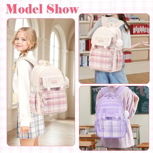 3Pcs Cute Backpack for Girls with Lunch Box & Pencil Case, Large Capacity Kids Bookbag for Elementary Middle School Students Waterproof Kawaii Preppy Aesthetic Plaid Backpack Age 4-16 - color: 3pcs Black Purple