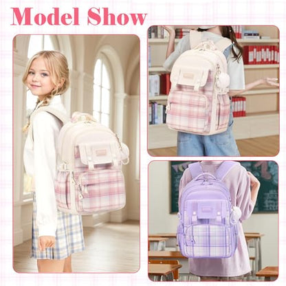 Cute Backpack for Girls, Large Capacity Kids Bookbag for Elementary Middle School Students Waterproof Kawaii Preppy Aesthetic Plaid Backpack Age 4-16 with Cute Accessories (Black) - color: Black